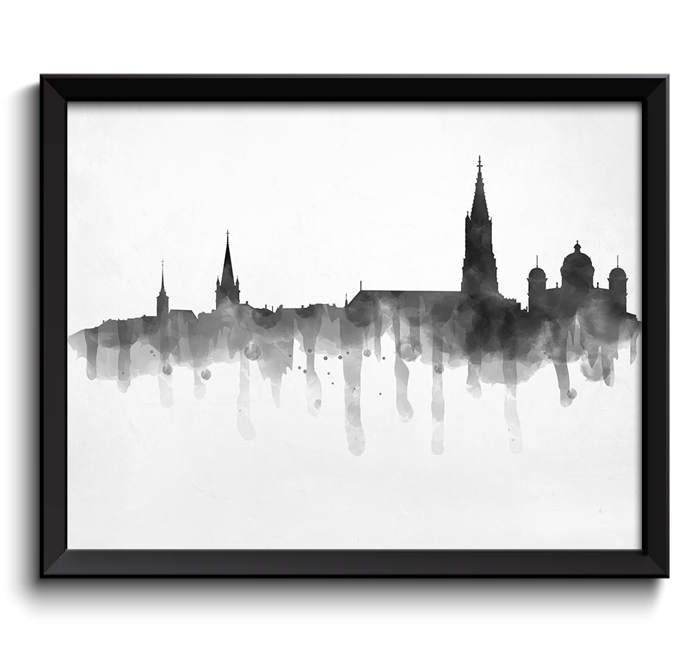 Bern Skyline Watercolor Black White Grey Poster Print City Switzerland Modern Abstract Landscape Art