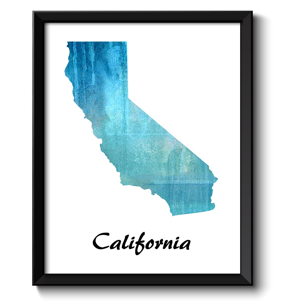 California Map State Watercolor Painting Poster Print USA United States Abstract Landscape Art Turqu