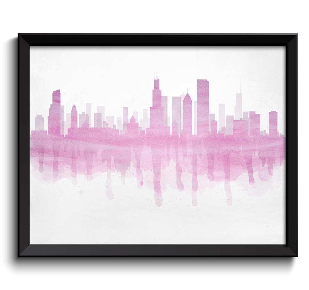 Chicago Skyline Illinois USA United States Cityscape Art Print Poster Light Pink White Watercolor Pa