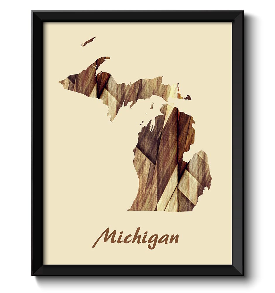 Michigan Map State Watercolor Painting Poster Print USA United States Abstract Landscape Art Brown B