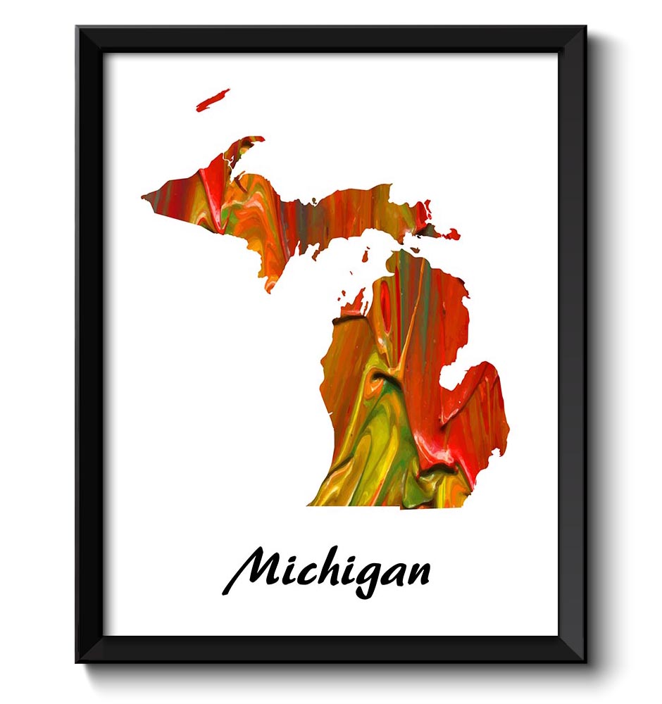 Michigan Map State Watercolor Painting Poster Print USA United States Abstract Landscape Art Red Yel