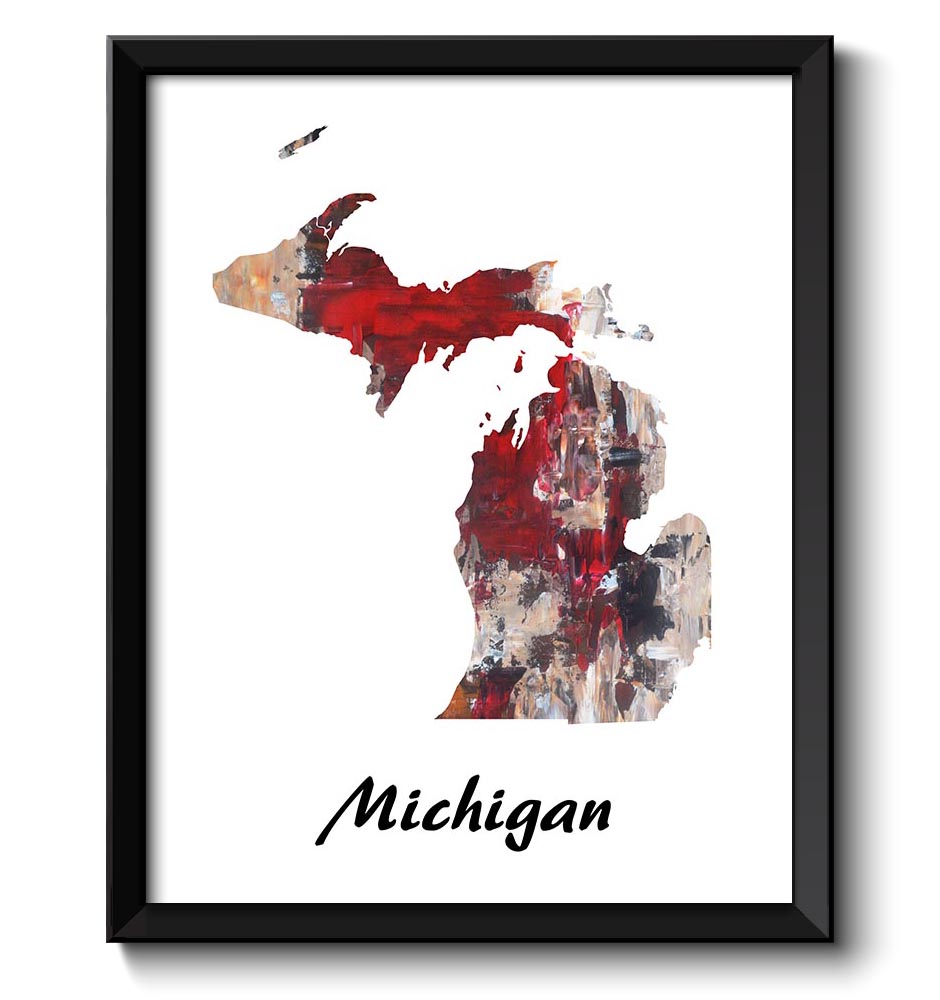 Michigan Map State Watercolor Painting Poster Print USA United States Abstract Landscape Art Red Bei