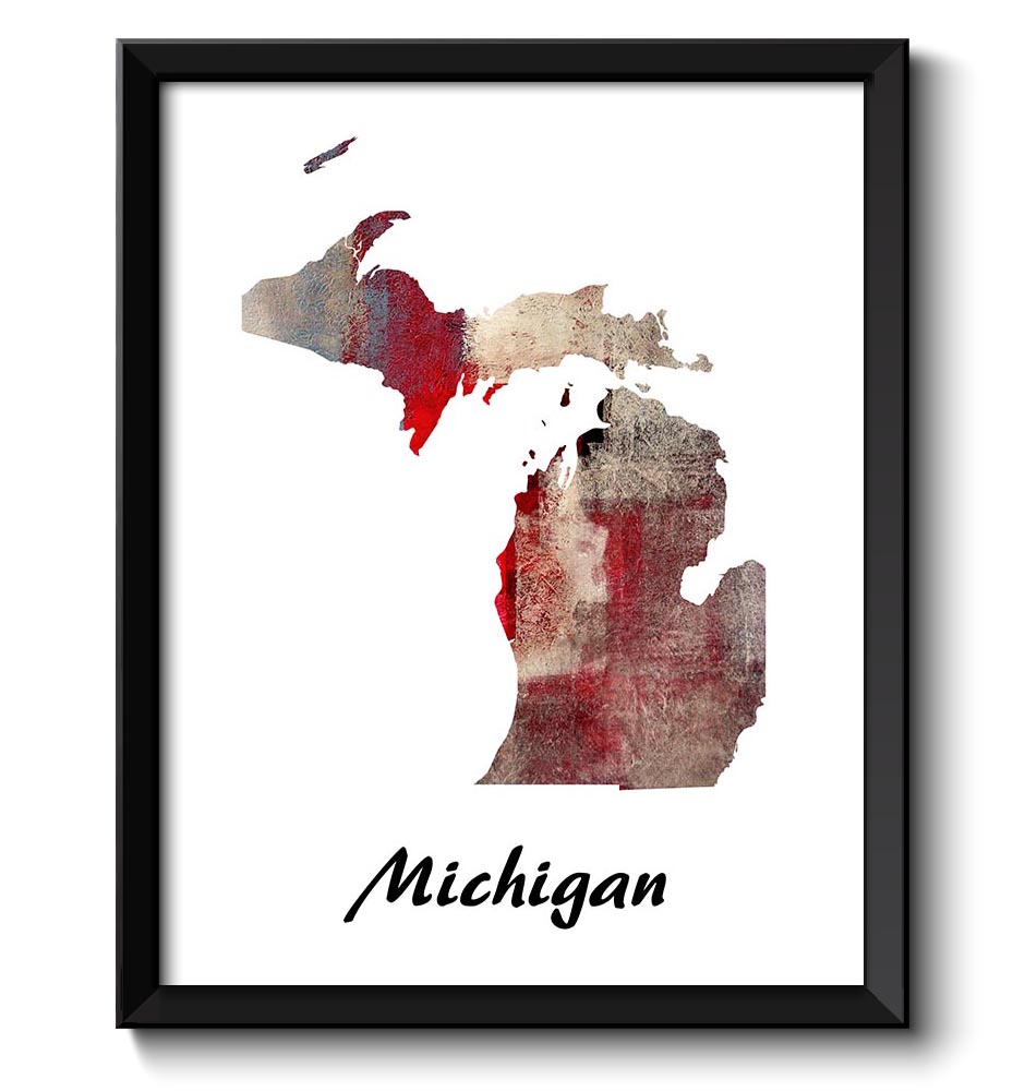 Michigan Map State Watercolor Painting Poster Print USA United States Abstract Landscape Art Red Blu