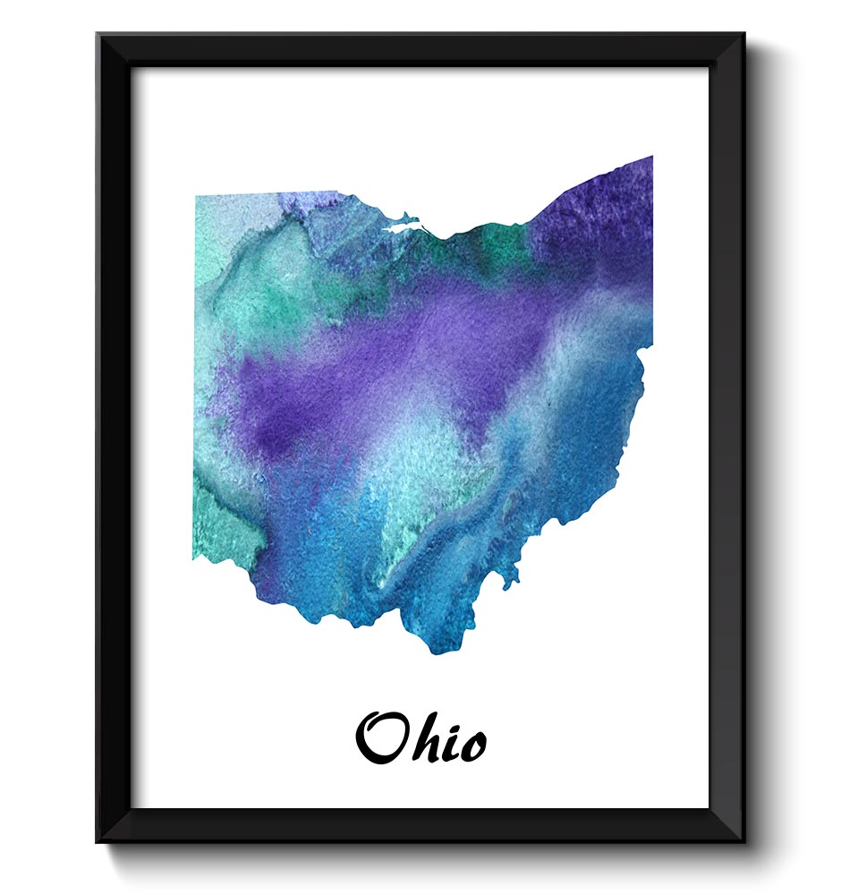 Ohio Map State Watercolor Turquoise Blue Purple Green Painting Poster Print USA United States Abstra