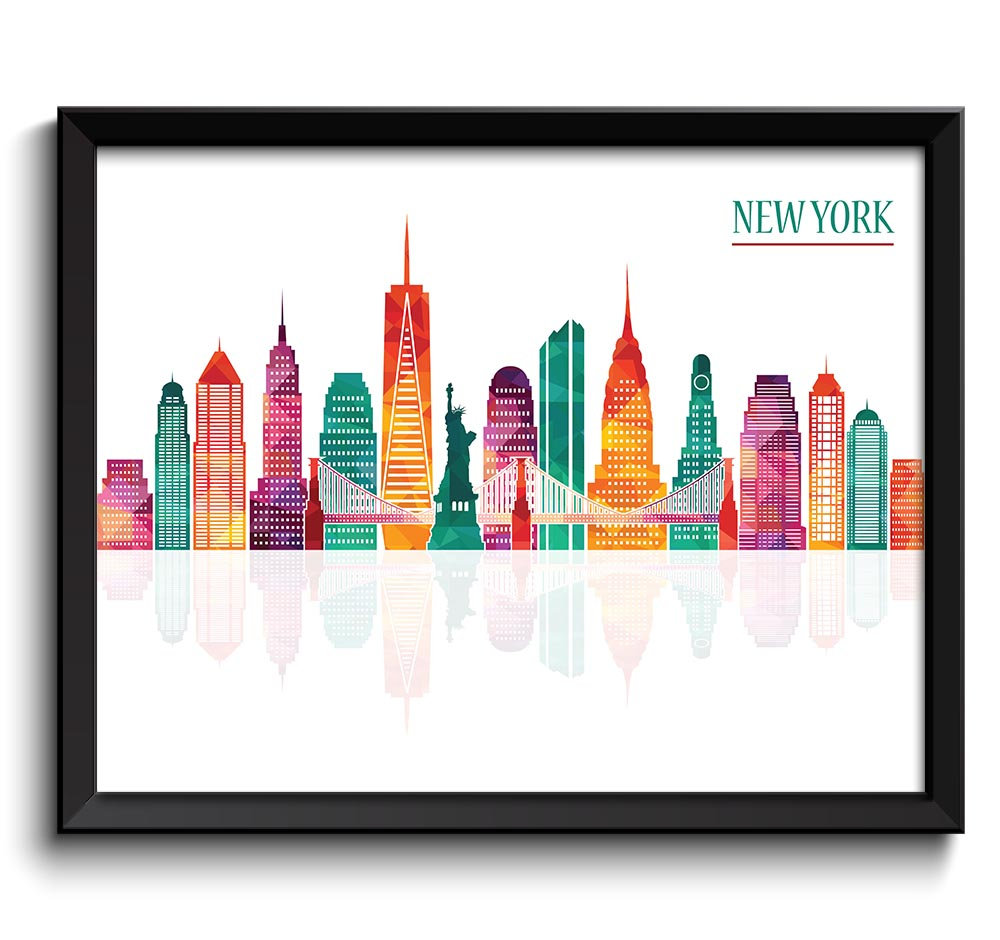 New York City Colorful Green Teal Pink Purple Peach Skyline Cityscape Poster Print United States USA