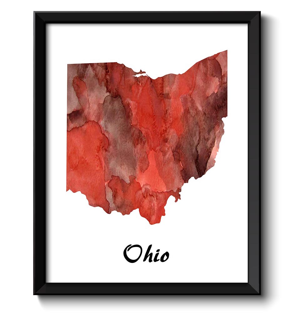 Ohio Map State Watercolor Red Brown Painting Poster Print USA United States Abstract Landscape Art