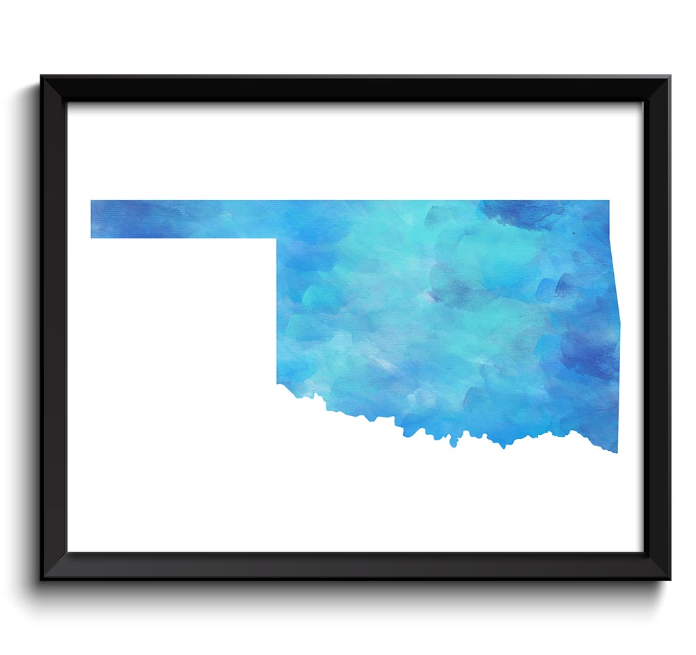 Oklahoma Map State Sky Turquoise Blue Watercolor Painting Poster Print USA United States Abstract La