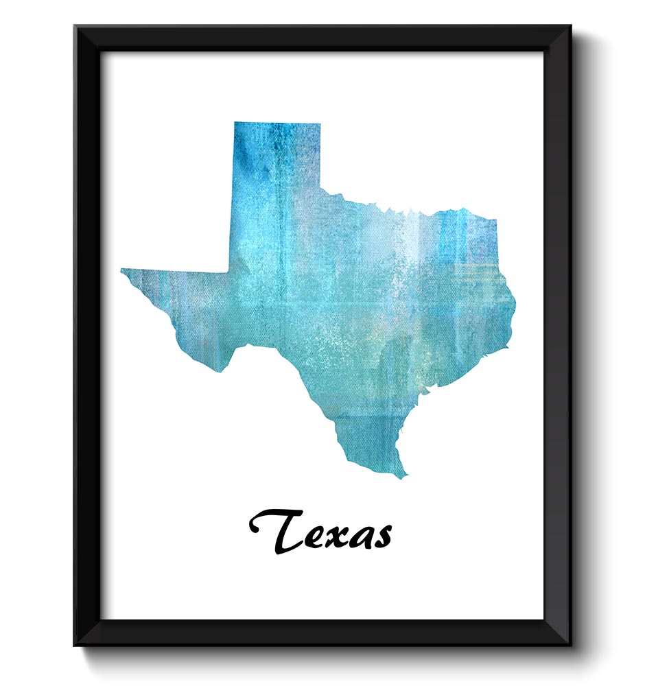 Texas Map State Sky Turquoise Blue Watercolor Painting Poster Print USA United States Abstract Lands