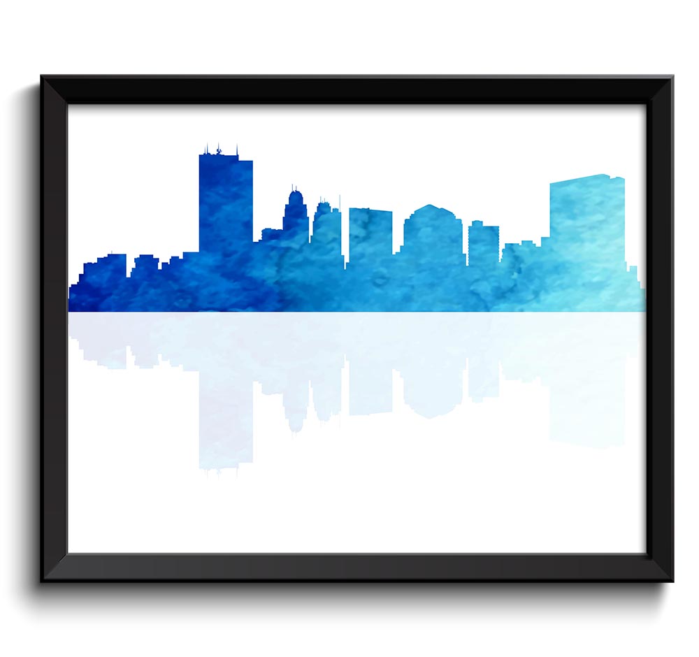 Toledo Skyline Royal Icy Baby Blue Turqouise Ohio USA United States Watercolor Art Poster Print Wall