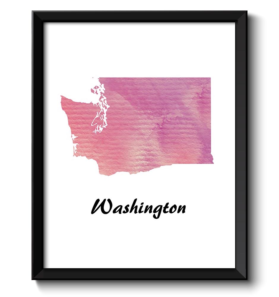 Washington Map State Purple Pink Cream Watercolor Painting Poster Print USA United States Abstract L