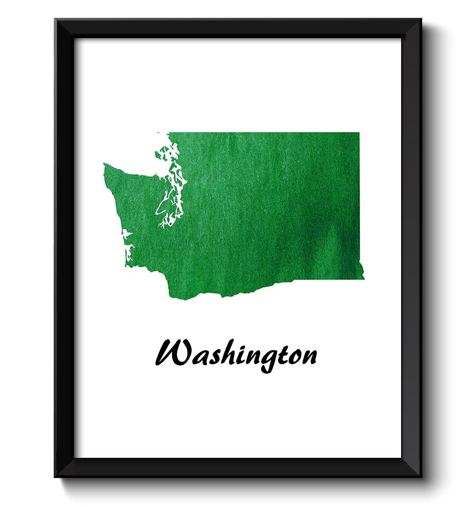 Washington Map State Forest Green Watercolor Painting Poster Print USA United States Abstract Landsc