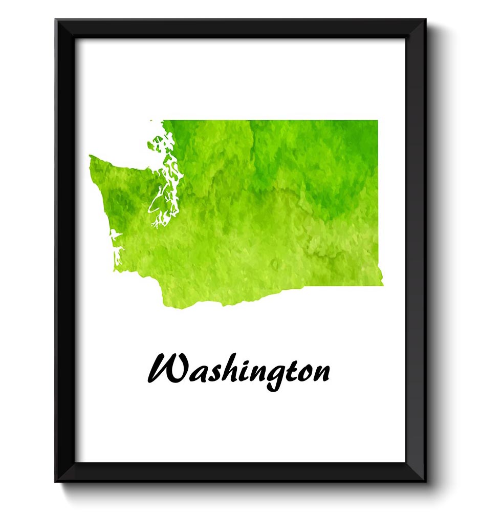 Washington Map State Lime Green Watercolor Painting Poster Print USA United States Abstract Landscap