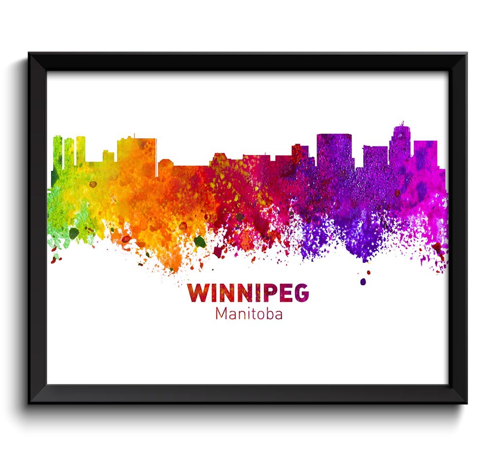 Winnipeg Skyline Pink Purple Red Orange Yellow Green Cityscape Canada Watercolor Poster Print Landsc