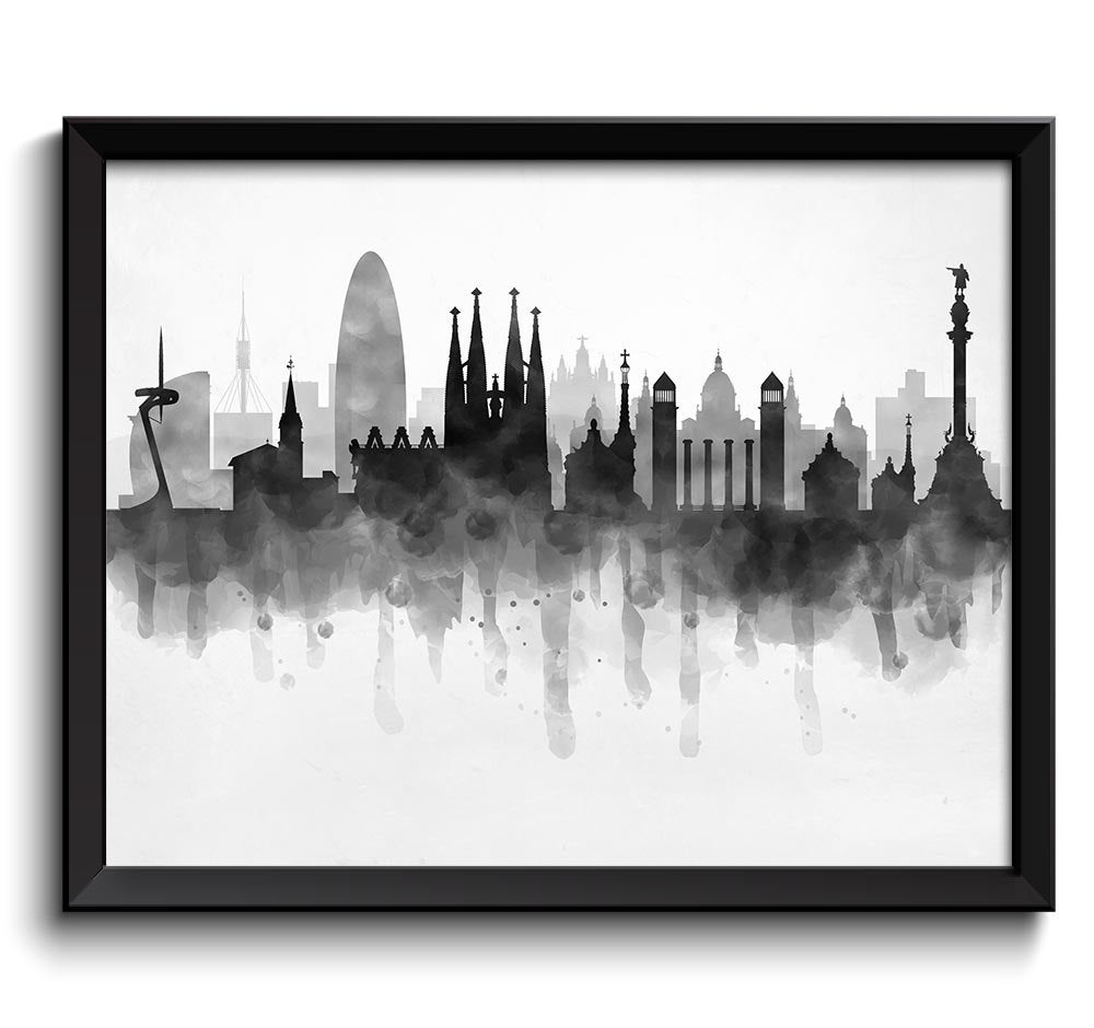 Barcelona Skyline Spain Europe Cityscape Art Print Poster Black White Grey Watercolor Painting