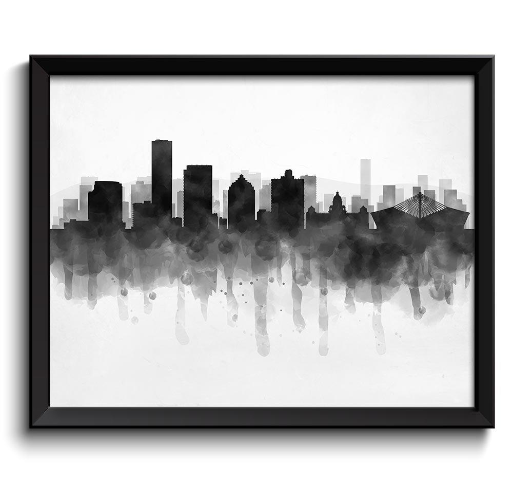 Durban Skyline South Africa Cityscape Art Print Poster Black White Grey Watercolor Painting