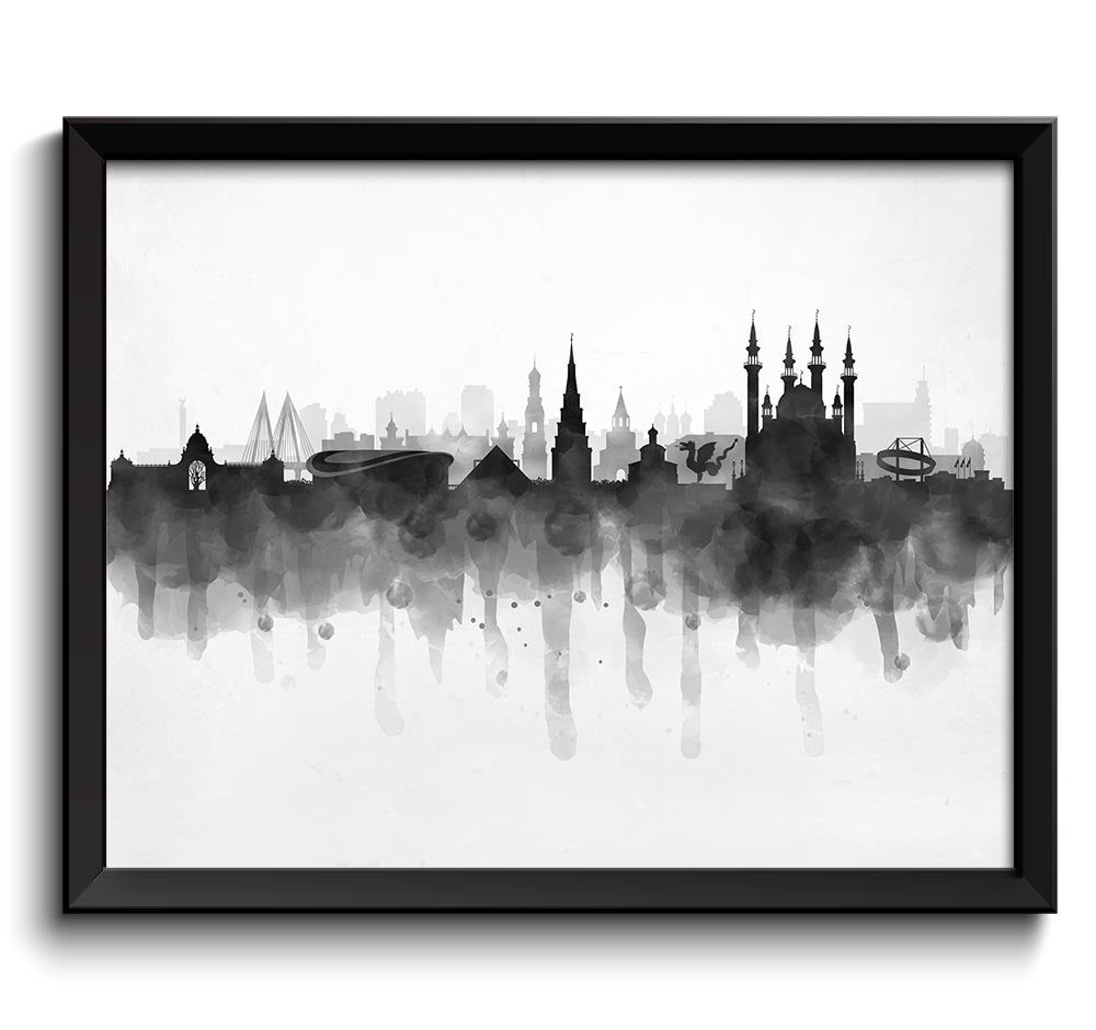 Kazan Skyline Russia Cityscape Art Print Poster Black White Grey Watercolor Painting Landscape Home 