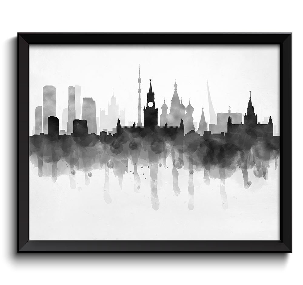 Moscow Skyline Russia Cityscape Art Print Poster Black White Grey Watercolor Painting Landscape Home