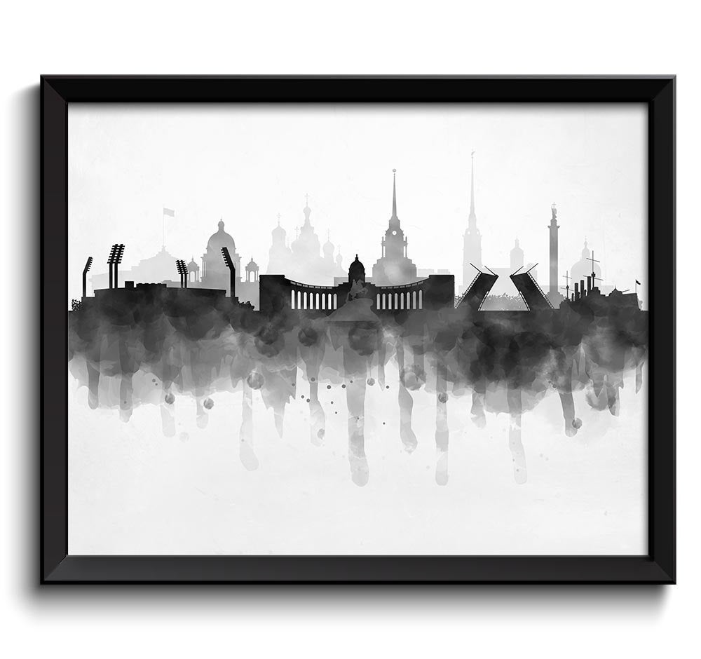 Saint Petersburg Skyline Russia Cityscape Art Print Poster Black White Grey Watercolor Painting Land