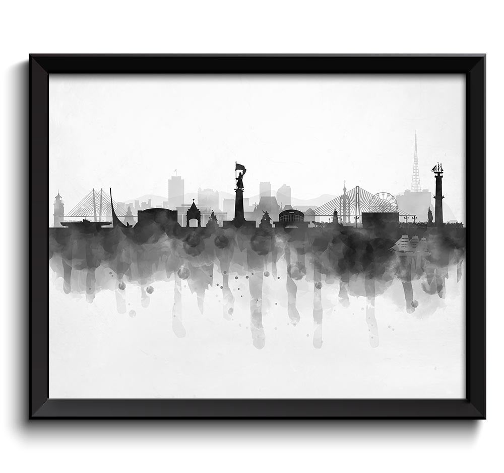 Vladivostok Skyline Russia Cityscape Art Print Poster Black White Grey Watercolor Painting Landscape