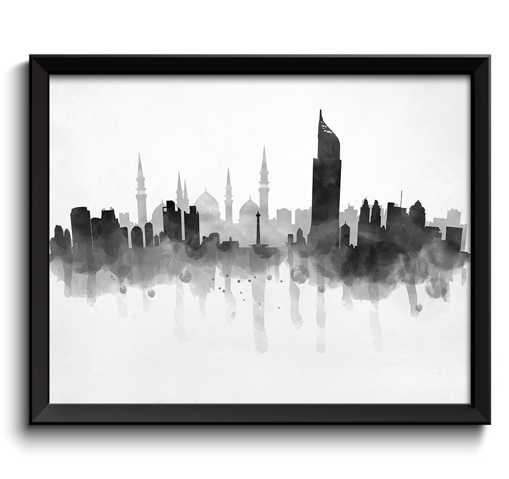 Jakarta Skyline Indonesia Asia Cityscape Art Print Poster Black White Grey Watercolor Painting