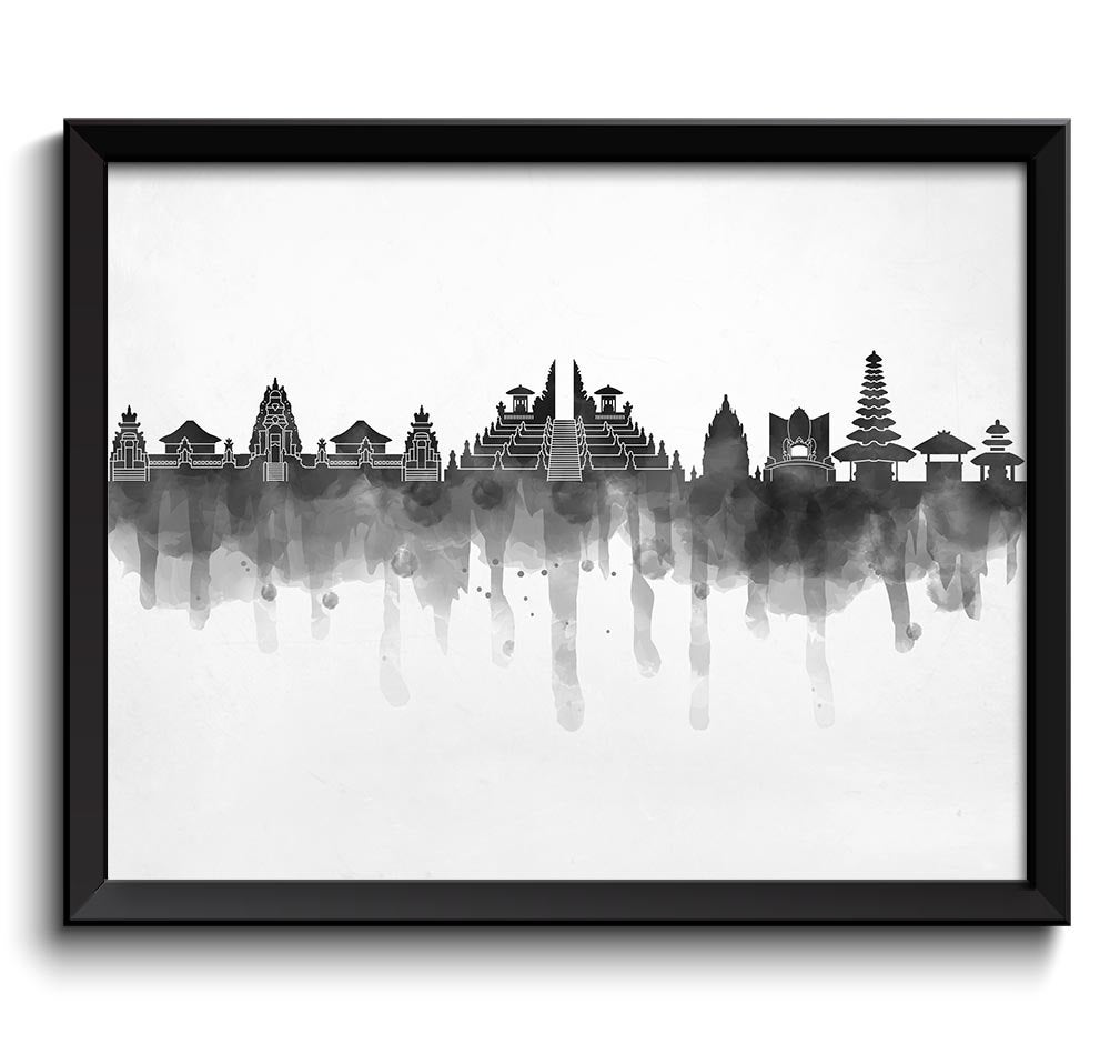 Bali Skyline Indonesia Asia Cityscape Art Print Poster Black White Grey Watercolor Painting