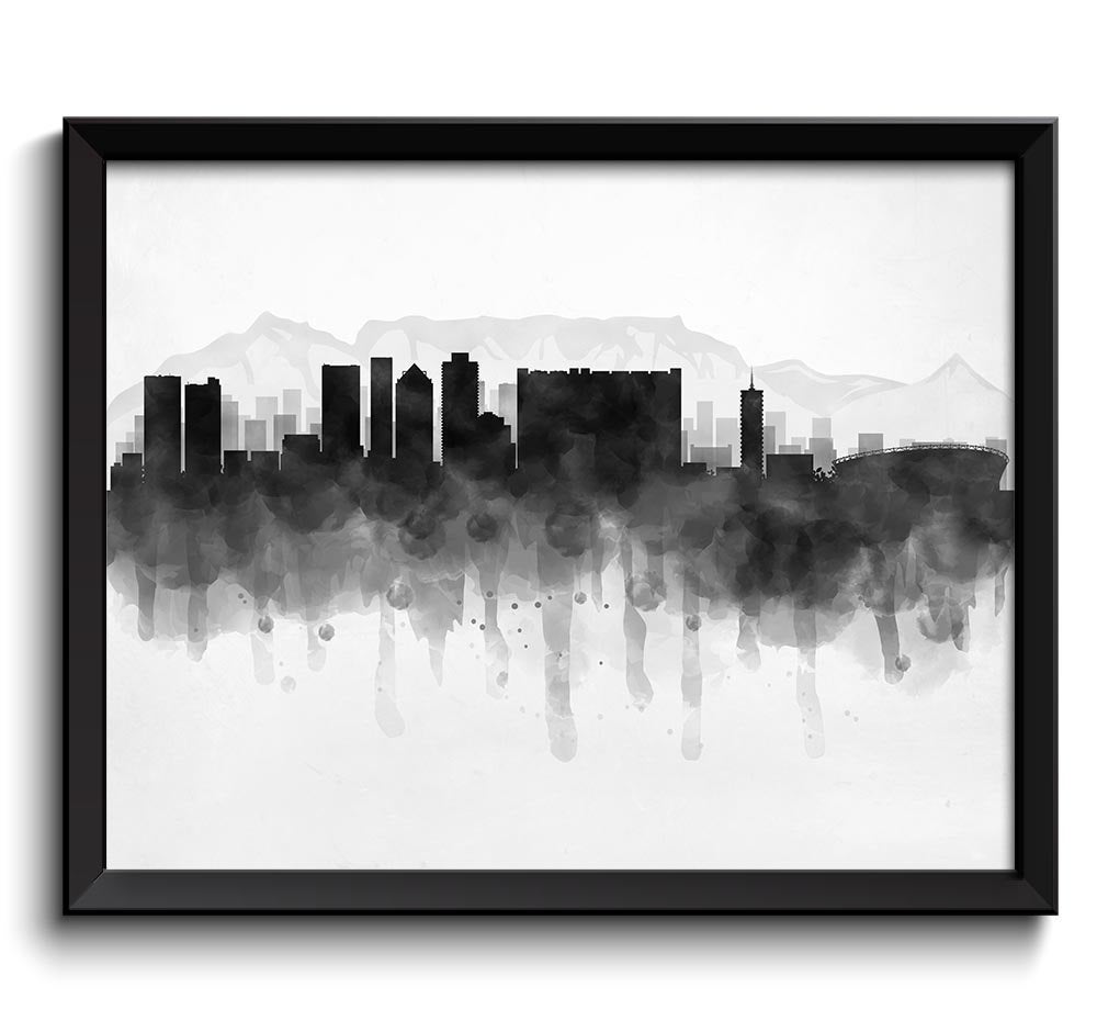 Cape Town Skyline South Africa Cityscape Art Print Poster Black White Grey Watercolor Painting