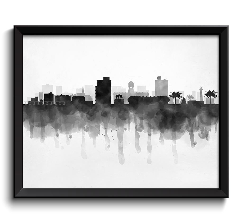 Port Elizabeth Skyline South Africa Cityscape Art Print Poster Black White Grey Watercolor Painting