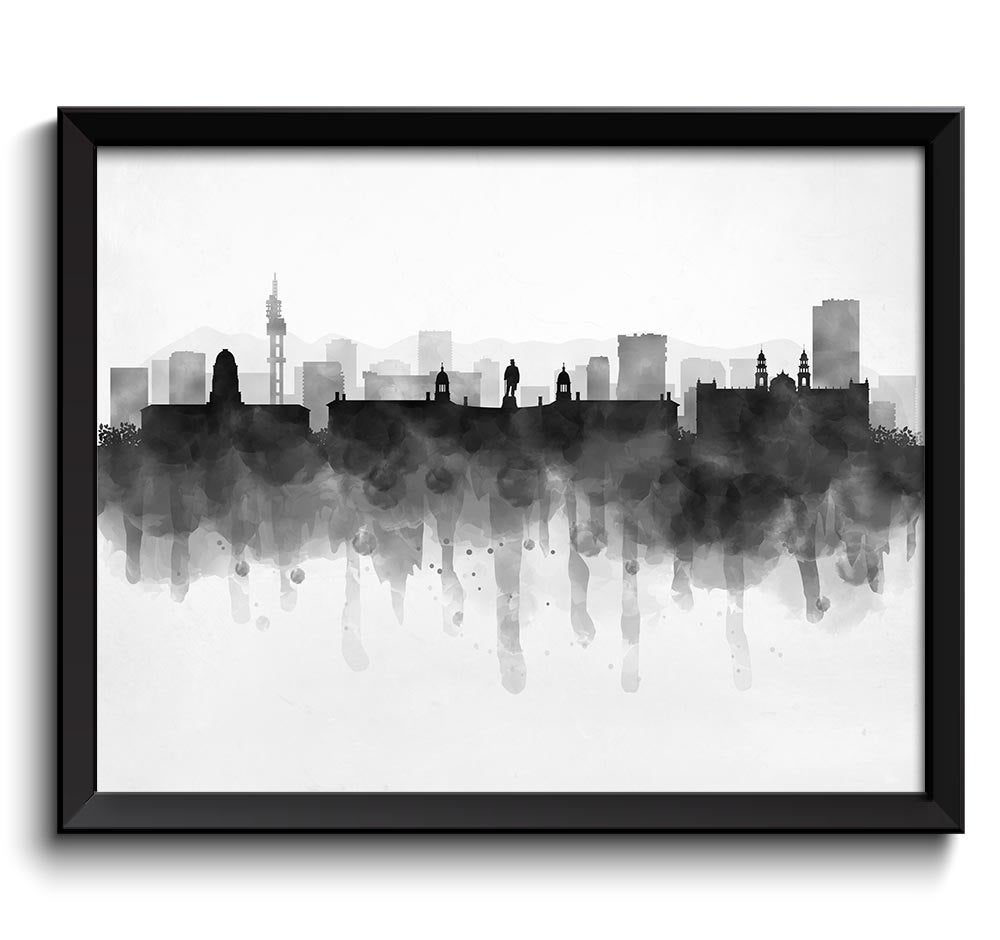 Pretoria Skyline South Africa Cityscape Art Print Poster Black White Grey Watercolor Painting