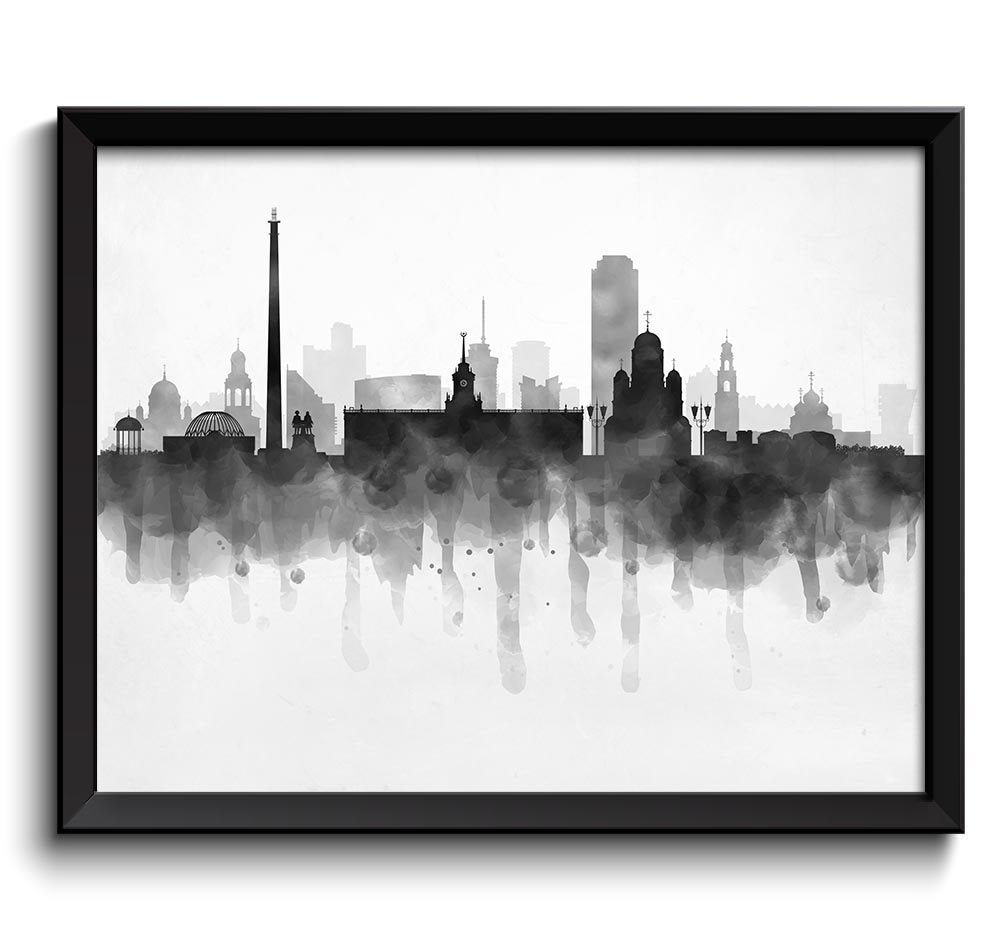 Yekaterinburg Skyline Russia Cityscape Art Print Poster Black White Grey Watercolor Painting Landsca