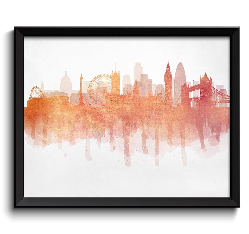 London Skyline England Europe Cityscape Art Print Poster Pink Coral Peach Watercolor Painting