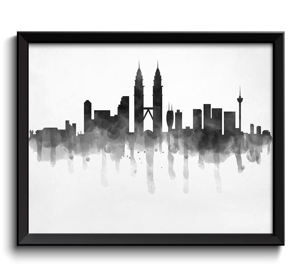 Kuala Lumpur Skyline Black White Grey Malaysia Aisa City Watercolor Cityscape Poster Print Abstract 