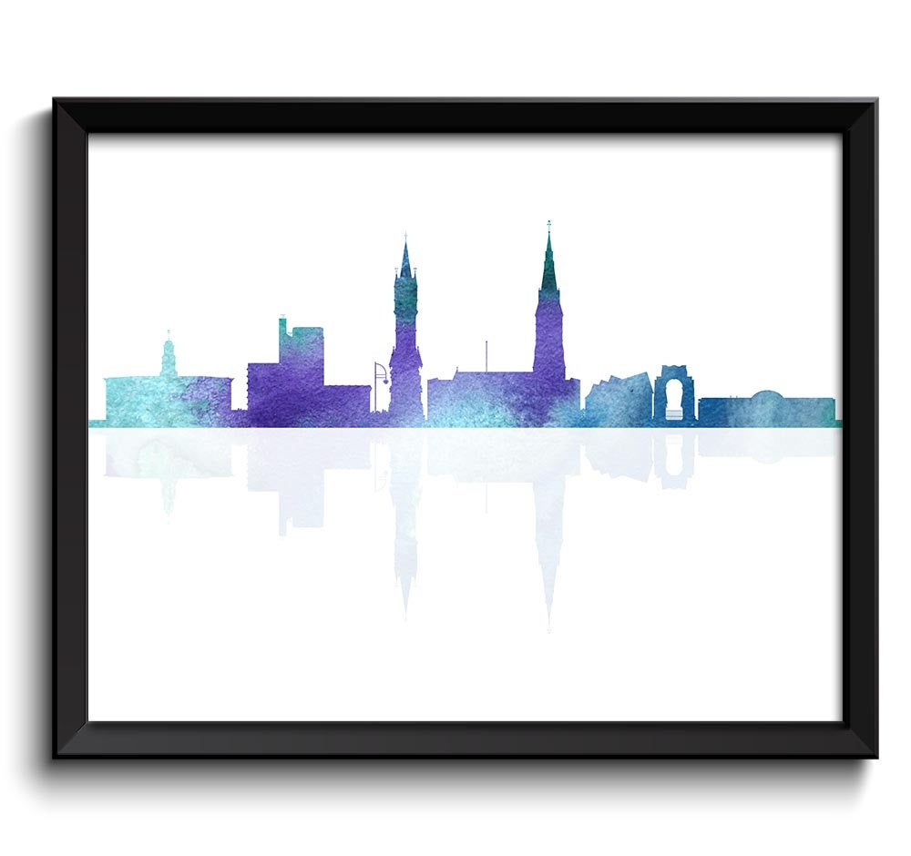 Leicester Skyline England Europe Cityscape Art Print Poster Teal Blue Turquoise Purple Watercolor Pa