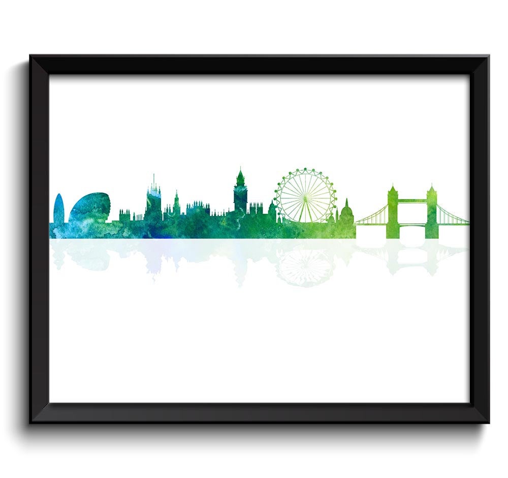 Blue Teal Lime Green London Skyline Painting Poster Print London Wall Decor Wall Art Colorful City C