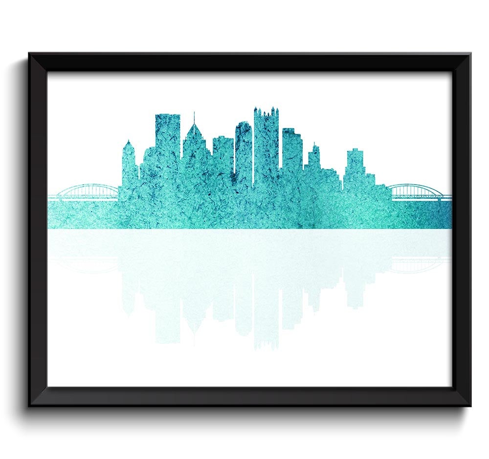 Pittsburgh Skyline Pennsylvania City Purple Pink Aqua Teal Blue Watercolor Cityscape Poster Print La