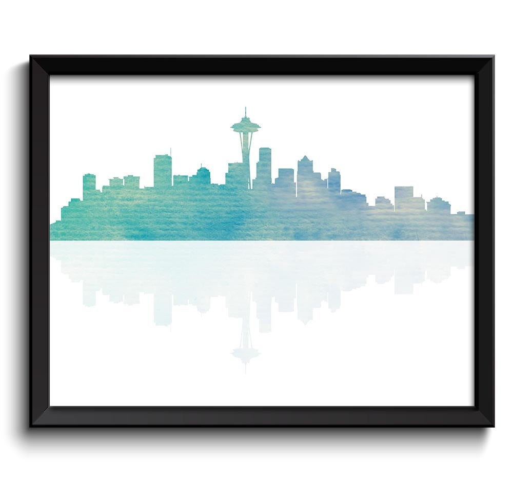 Icy Blue Grey Seattle Skyline Seattle Washington Seattle Wall Art Print Seattle Poster Watercolor Pa