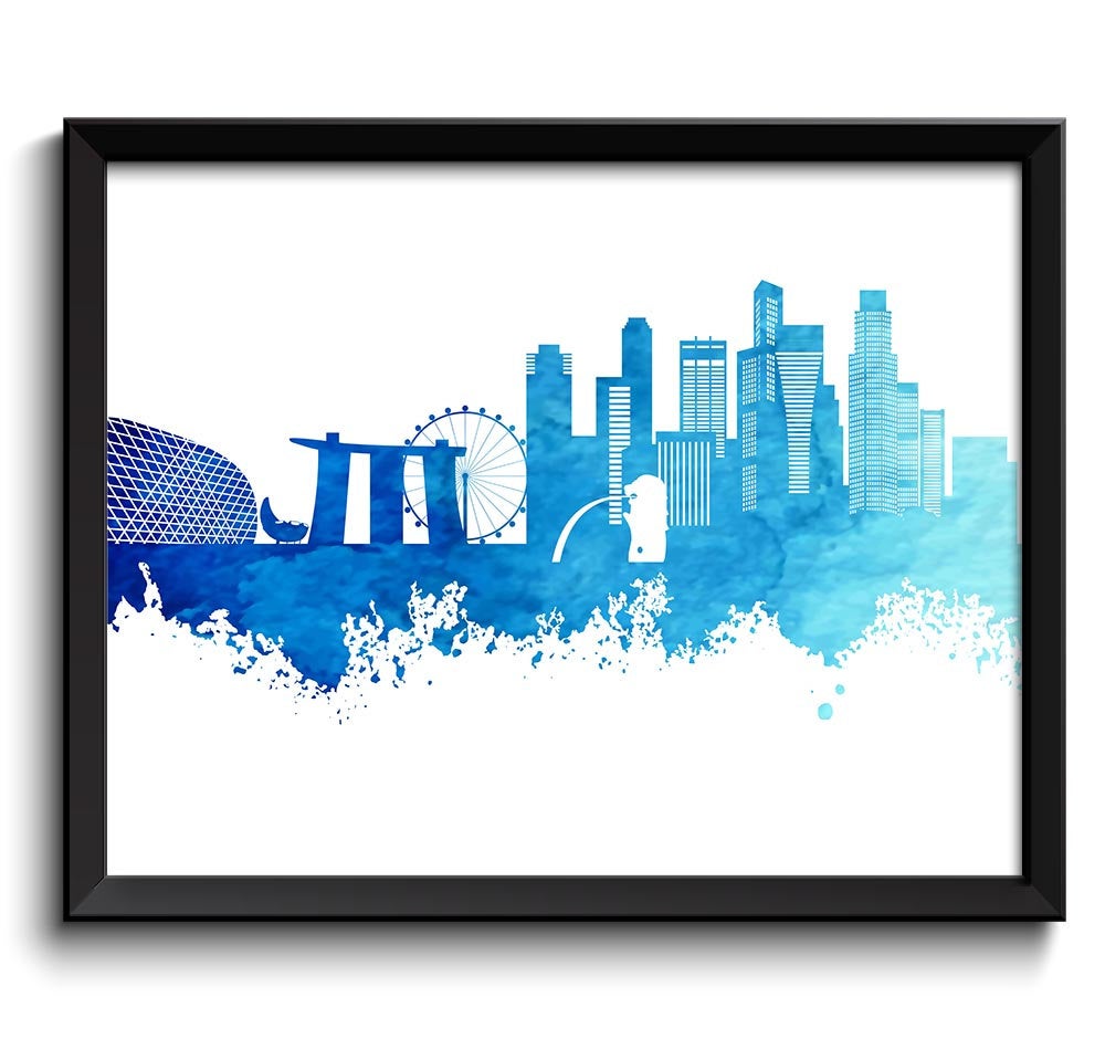 Singapore Skyline Painting Poster Print Navy Blue Turquoise Singapore Wall Decor Singapore Wall Art 