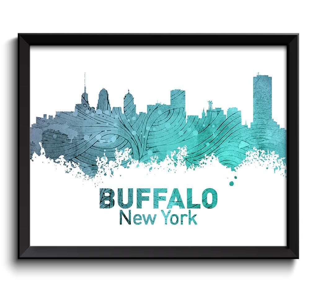 Buffalo Skyline City New York Blue Teal Green Watercolor Cityscape Poster Print Landscape Art Painti