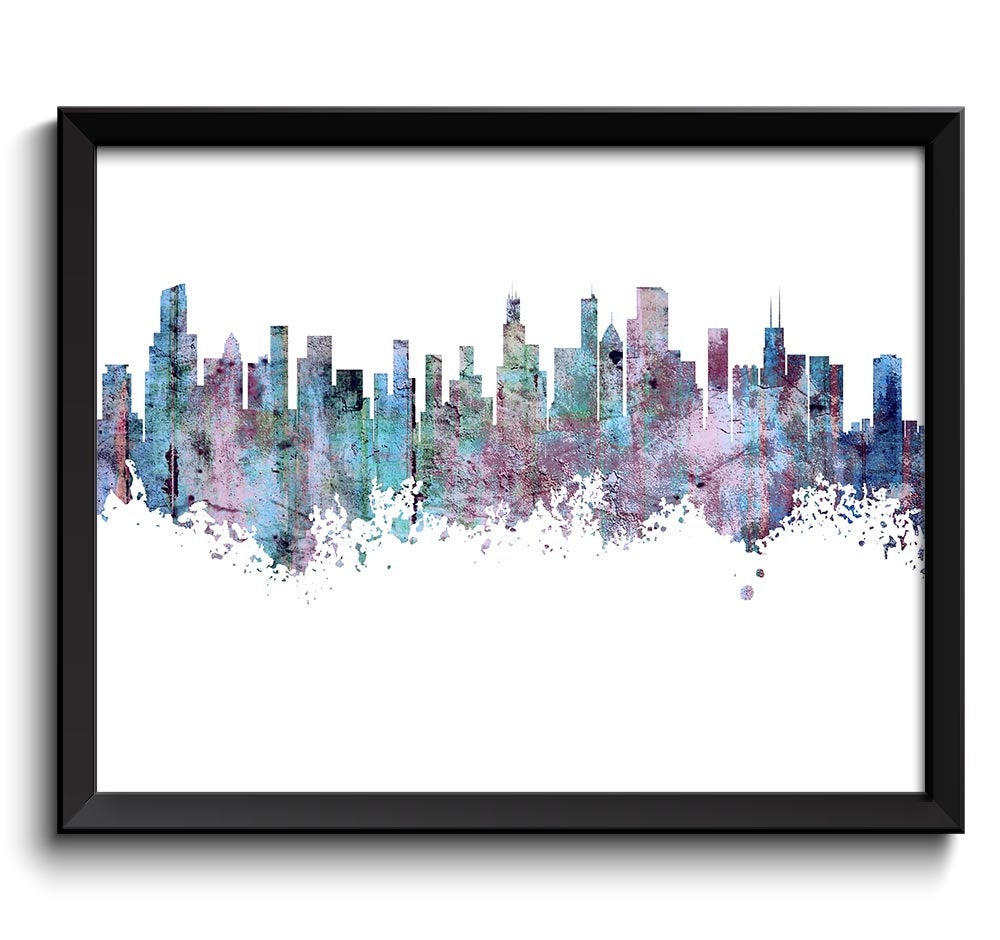 Chicago Skyline Blue Purple Teal Black Watercolor Painting Chicago Illinois Cityscape Chicago Wall A