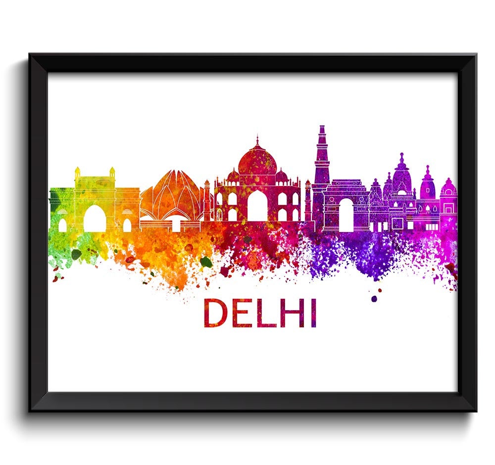 Delhi Skyline Watercolor Art Poster Print Wall Decor Delhi Wall Art Painting City Home Decor Pink Pu