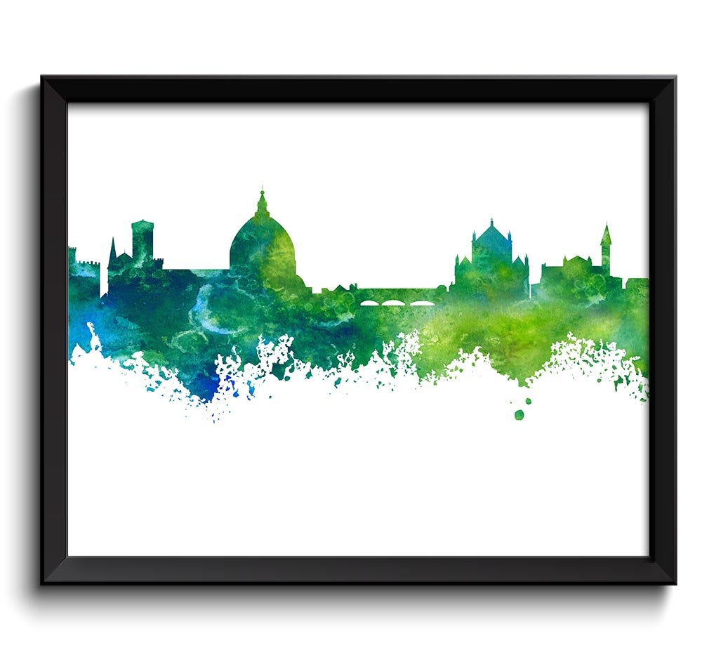 Florence Skyline Watercolor Art Poster Print Blue Lome Green Wall Decor Wall Art Painting Italy Artw