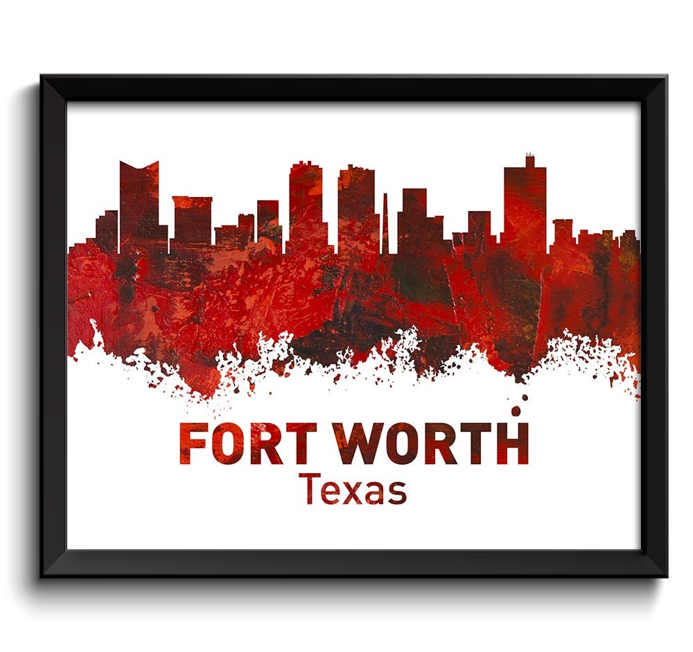 Red Black Fort Worth Skyline Texas City Watercolor Cityscape Poster Print Landscape Art Painting Hom