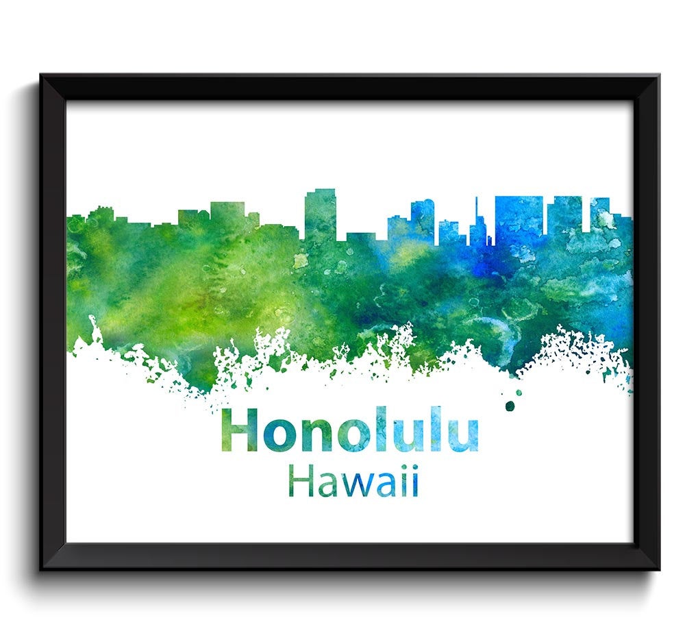 Honolulu Skyline Hawaii Lime Green Turquoise Blue Watercolor Cityscape Poster Print Modern Abstract 