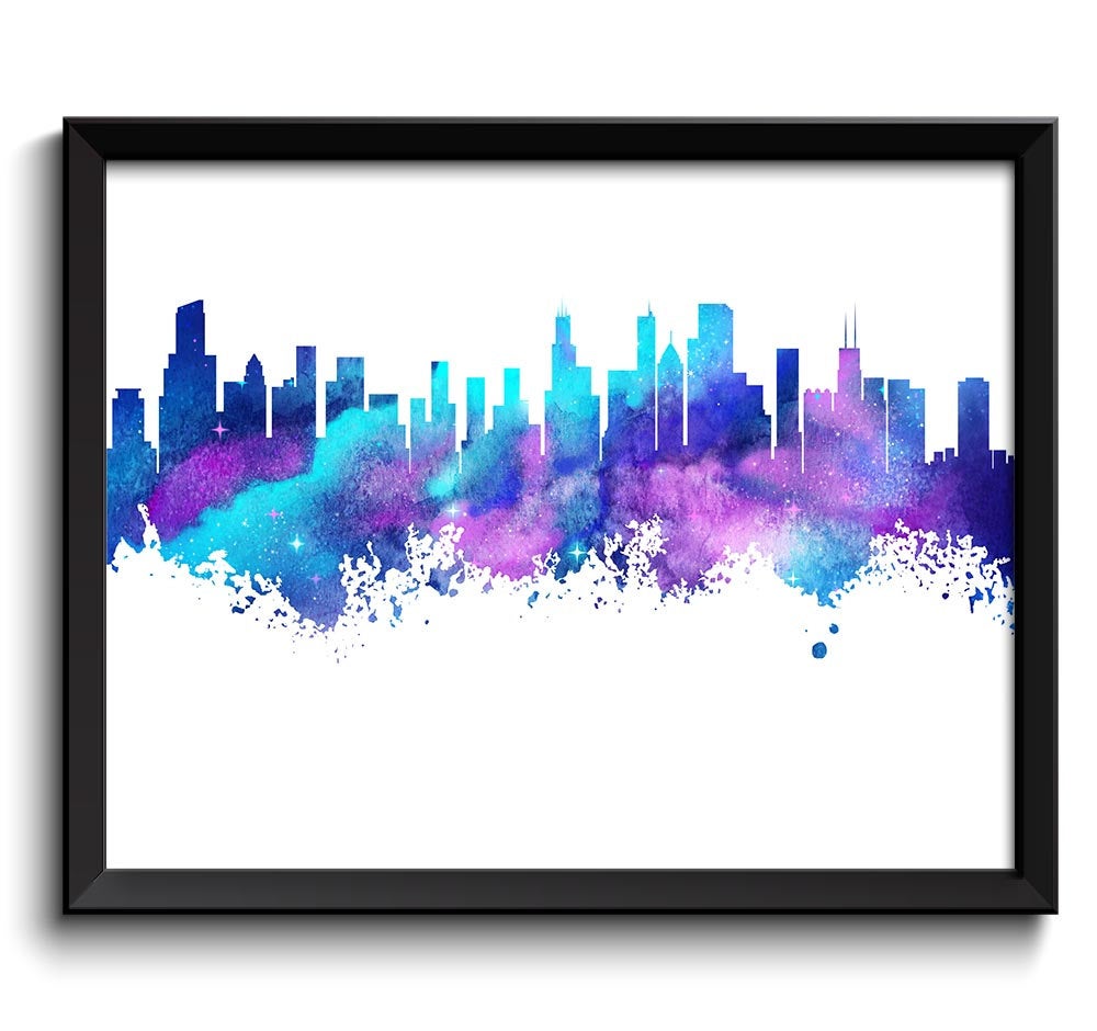 Chicago Skyline Blue Turquoise Purple Aqua Watercolor Painting Chicago Illinois Cityscape Wall Art P