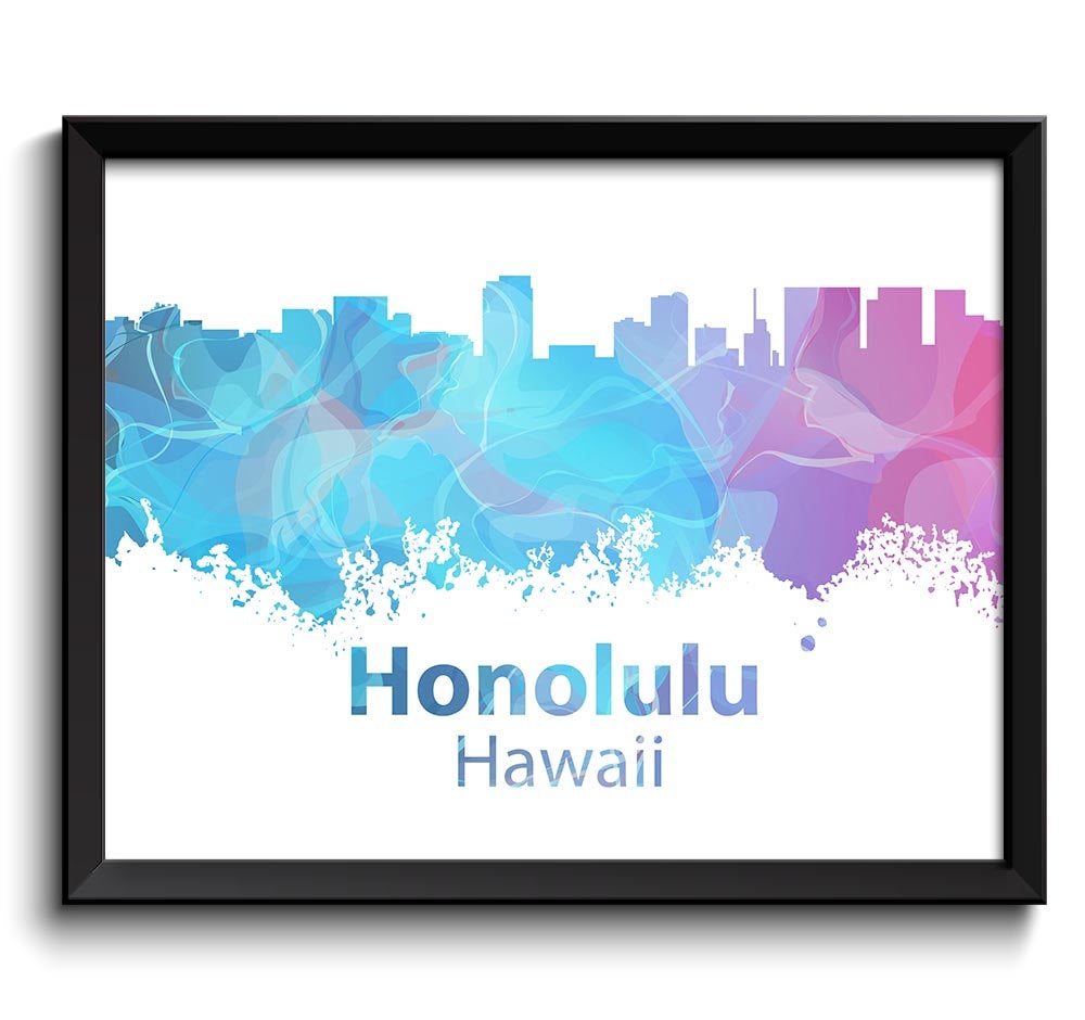 Honolulu Skyline Hawaii Blue Purple Pink Watercolor Cityscape Poster Print Modern Abstract Landscape