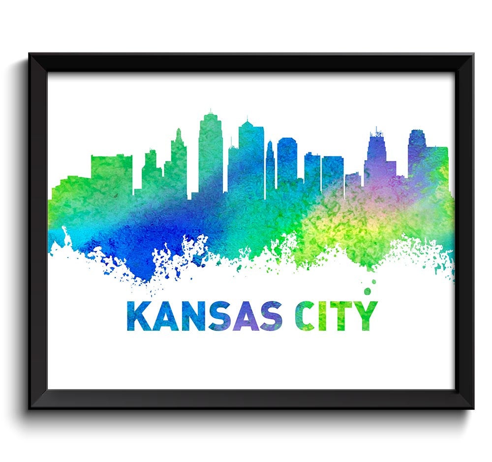 Kansas City Skyline Missouri Watercolor Cityscape Poster Print Landscape Art Painting Green Blue Yel