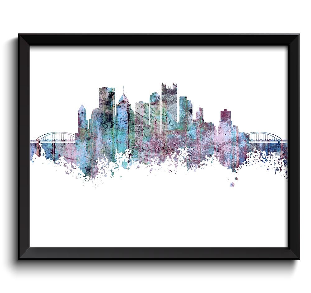 Pittsburgh Skyline Pennsylvania City Blue Purple Grey Watercolor Cityscape Poster Print Abstract Lan