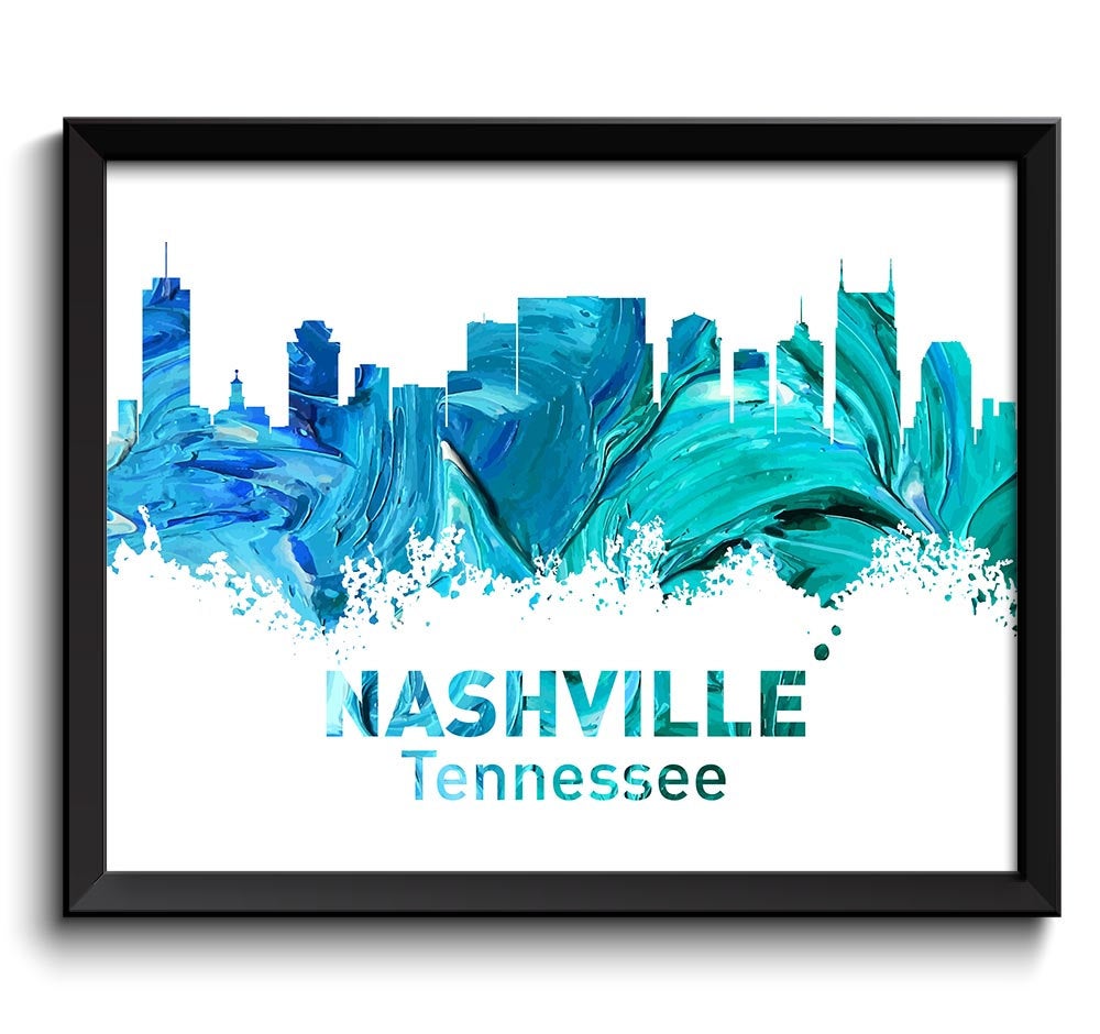 Nashville Skyline Tennessee Turquoise Blue Teal Watercolor Cityscape Poster Print Landscape Painting