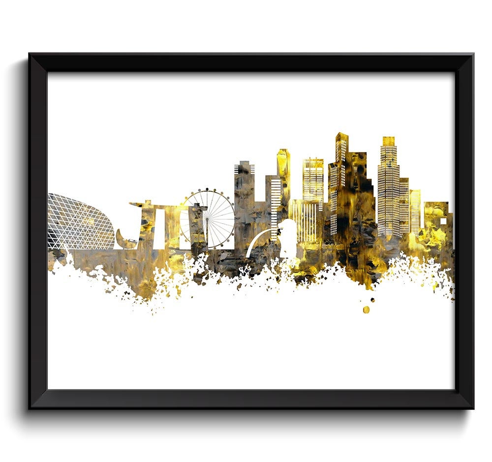 Singapore Skyline Painting Poster Print Yellow Grey Black Singapore Wall Decor Singapore Wall Art As