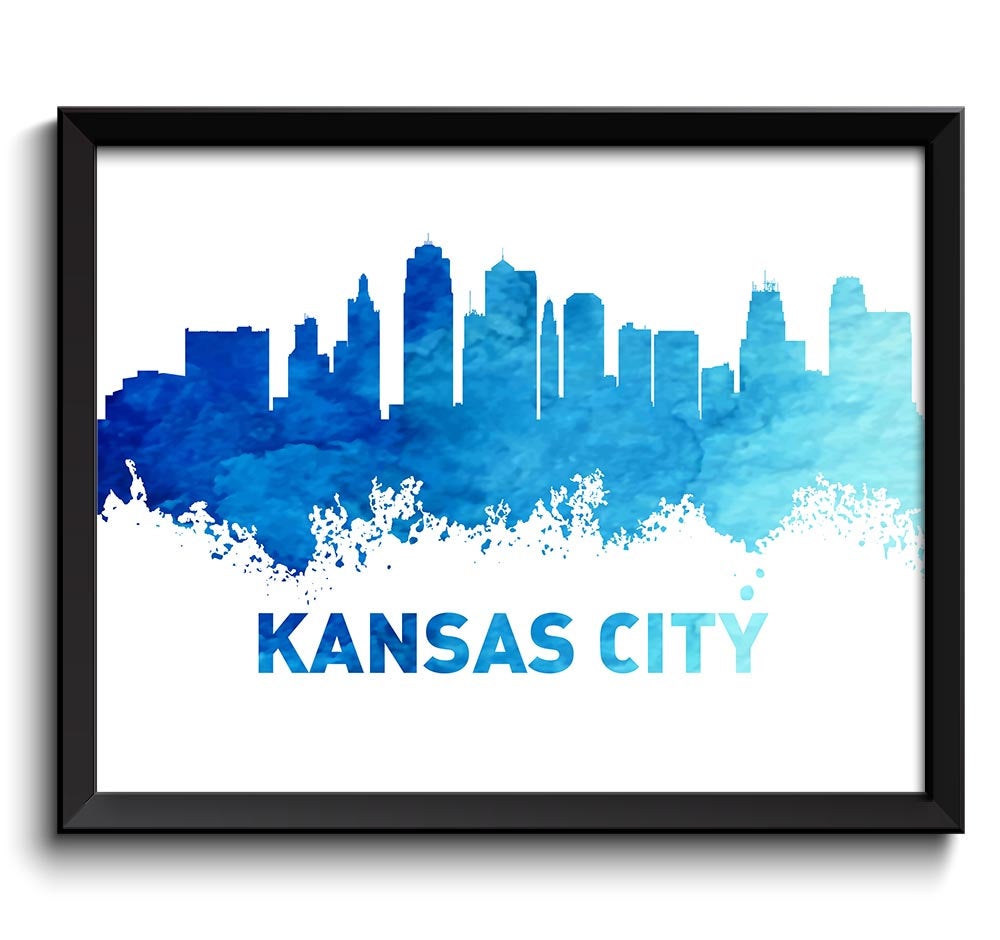 Kansas City Skyline Missouri Navy Blue Turquoise Watercolor Cityscape Poster Print Landscape Paintin