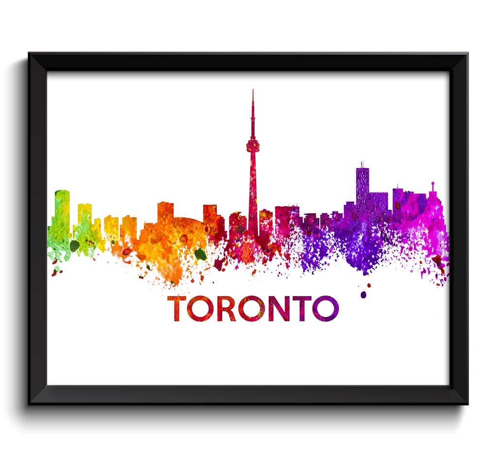 Toronto Skyline City Cityscape Canada Colorful Rainbow Watercolor Poster Print Art Painting Red Purp